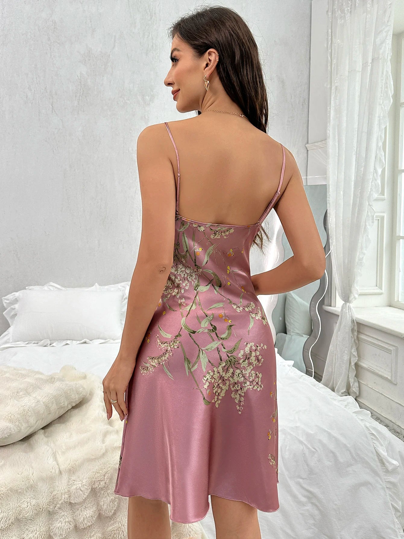 Sexy V Neck Spaghetti Strap Sleep Dress Floral Print Nightdress