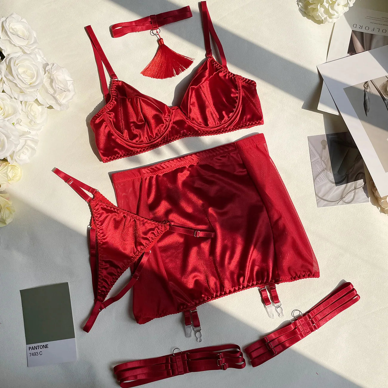 Sexy Underwear Lace Fine Satin Lingerie 5-Piece Sissy Seamless Intimate Uncensored Skirt