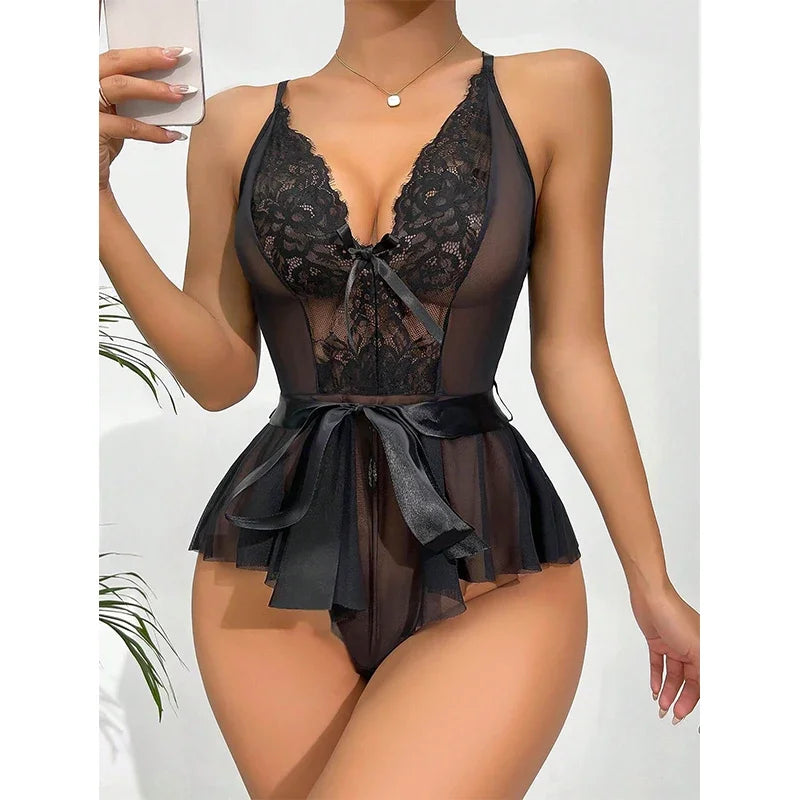 Sexy Lingerie Lace Transparent Bodysuit Hollow Out Underwear Lace Up Teddy Erotic Lingerie