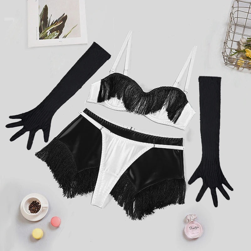 Sexy Women's Leather Cloth Splicing Tassels Short Skirt Color Erotic Underwear