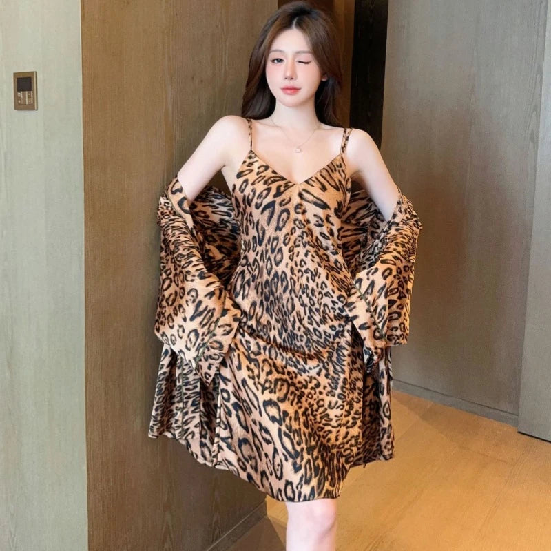Sexy Leopard Lingerie Sexy Print Pajama Ice Silk Halter Nightgown Ladies' Home Dress Set Nightgown Halter 2-piece Set Sleepwear