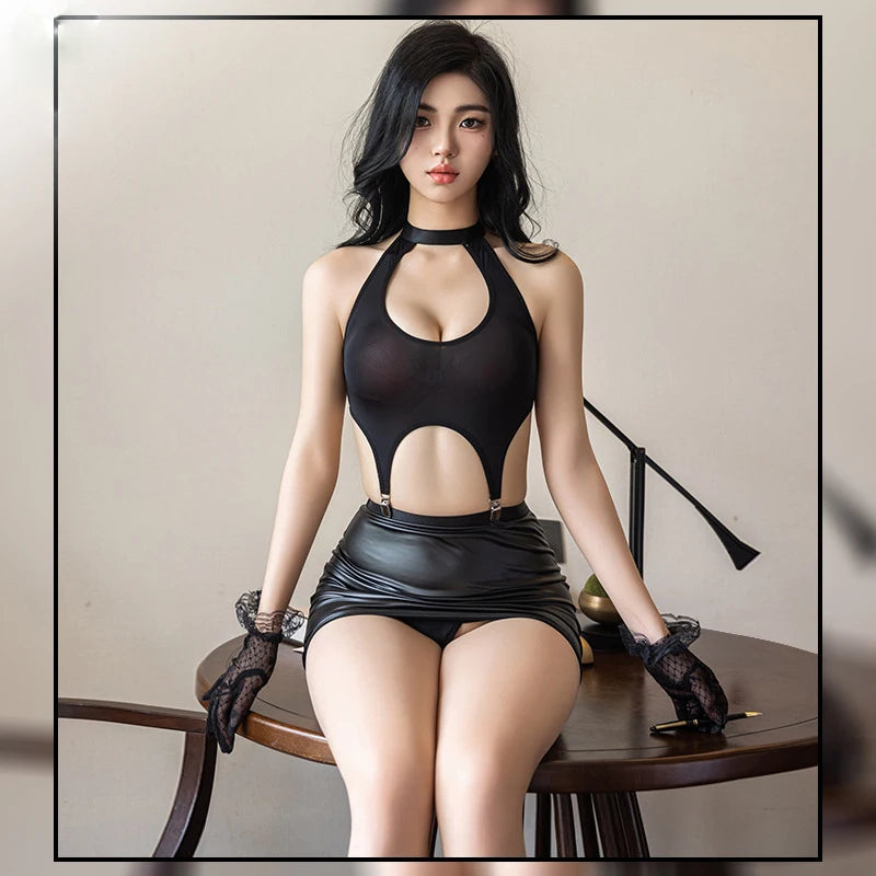 Sexy Leather Skirt Cosplay Office Lady Erotic Costume Bed Games Porn Secretary Tights Uniform Set