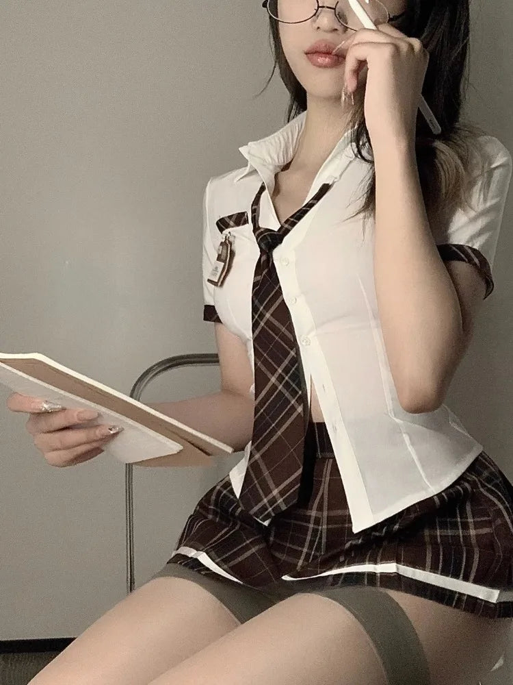Sexy Sailor Japanese Style Sweet Female Short Sleeve Bow Mini Skirt Lingerie Women Sheer Sexy Sets
