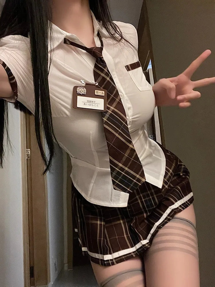 Sexy Sailor Japanese Style Sweet Female Short Sleeve Bow Mini Skirt Lingerie Women Sheer Sexy Sets