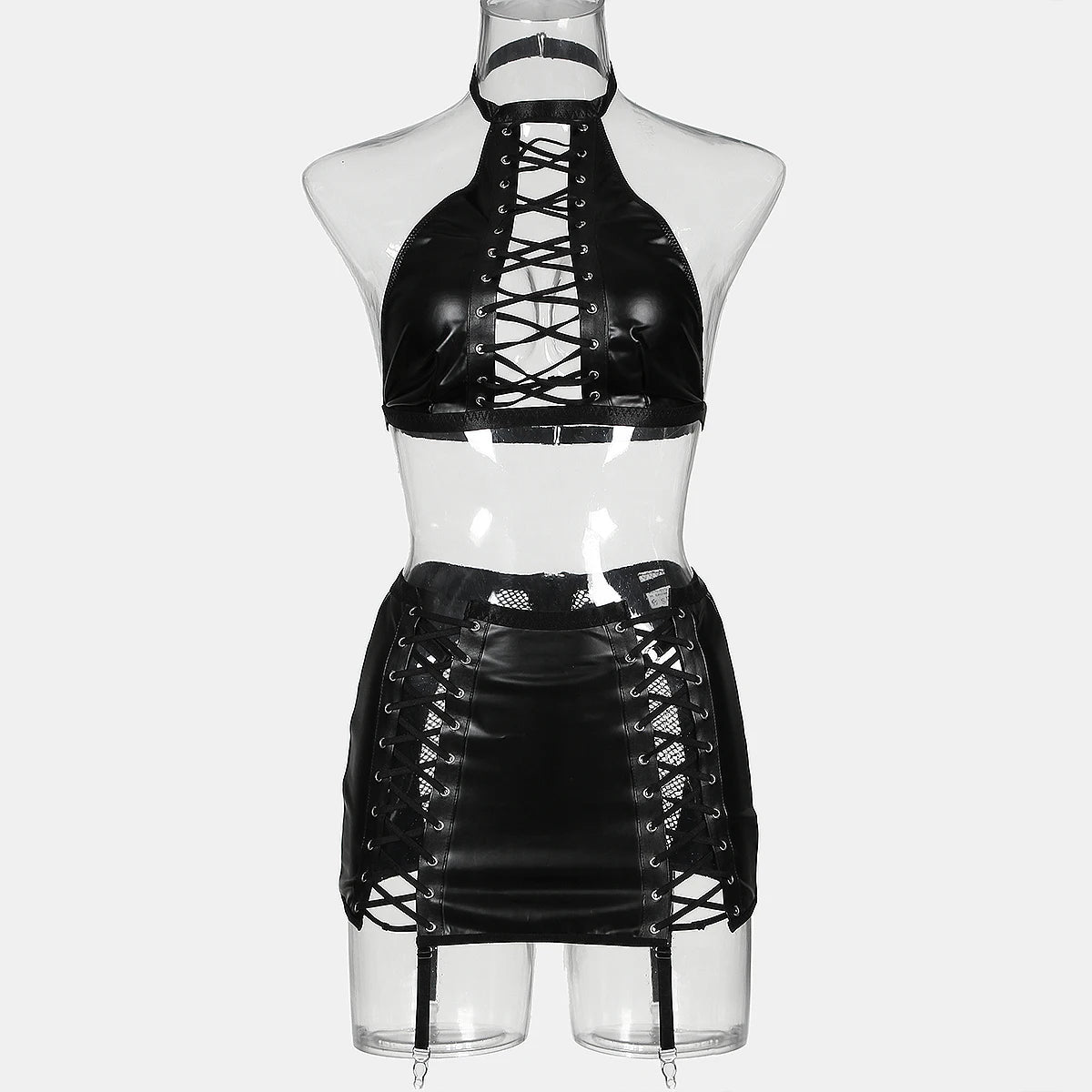Sexy Leather Cloth Patchwork Mesh Cross Strap Sexy Hanging Neck Beauty Back Erotic Lingerie Set