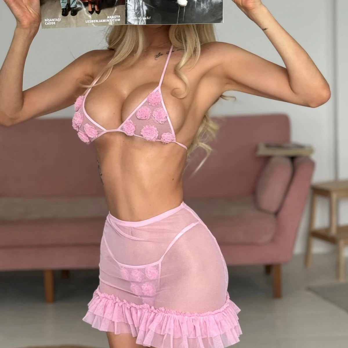 Sexy lingerie Pink Fairy Hanging Neck Underwear Spicy Girl Short Skirt Perspective Mesh Fun Three Set