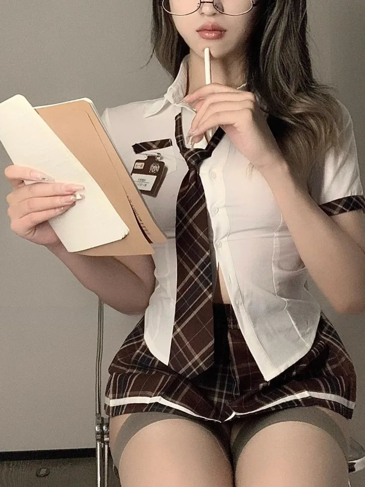 Sexy Sailor Japanese Style Sweet Female Short Sleeve Bow Mini Skirt Lingerie Women Sheer Sexy Sets