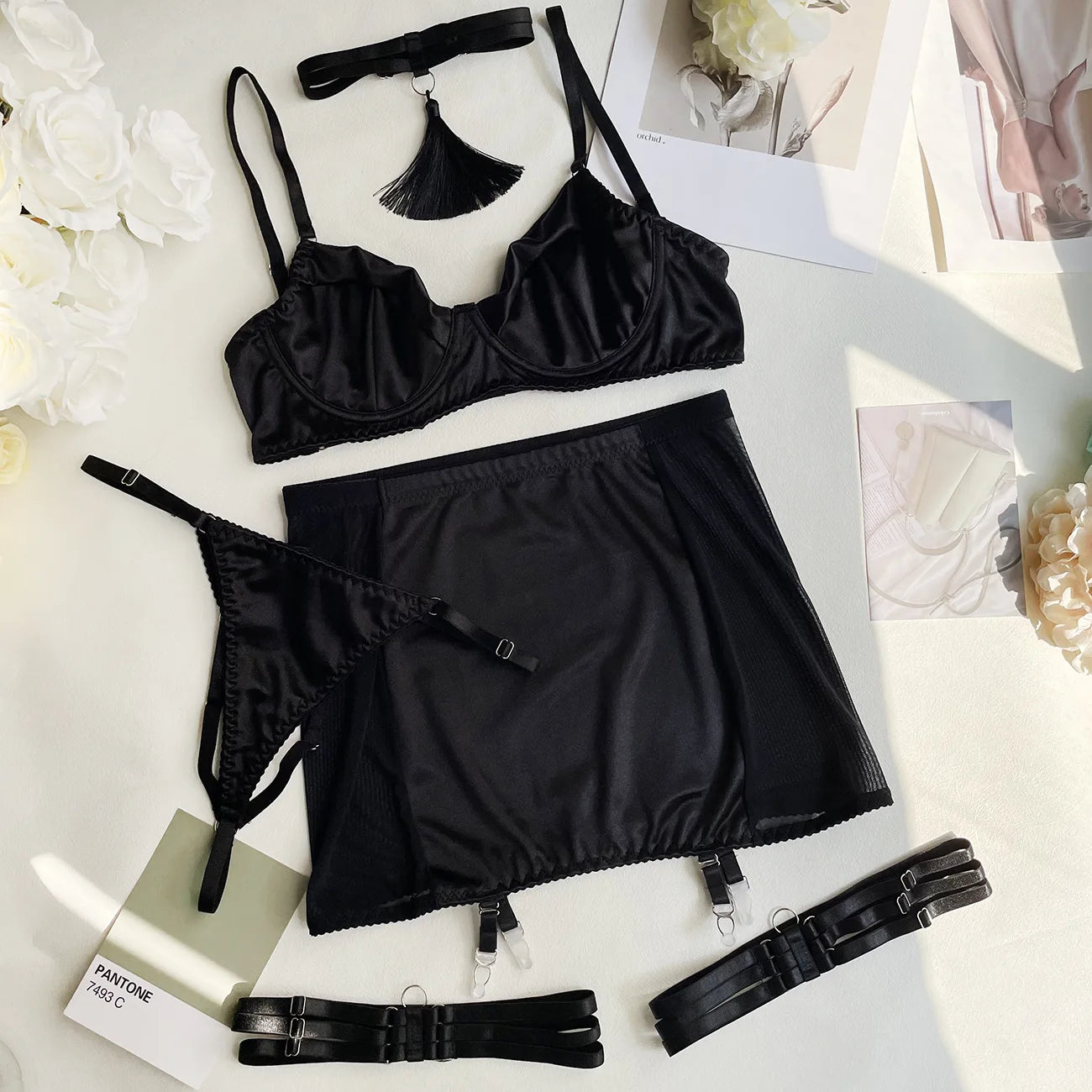 Sexy Underwear Lace Fine Satin Lingerie 5-Piece Sissy Seamless Intimate Uncensored Skirt