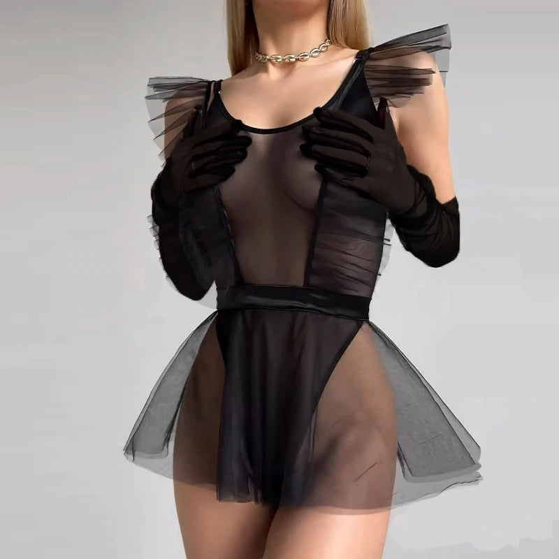 Sexy Woman's Mesh Bodysuit Lingerie Poncho Gloves Three Piece Set