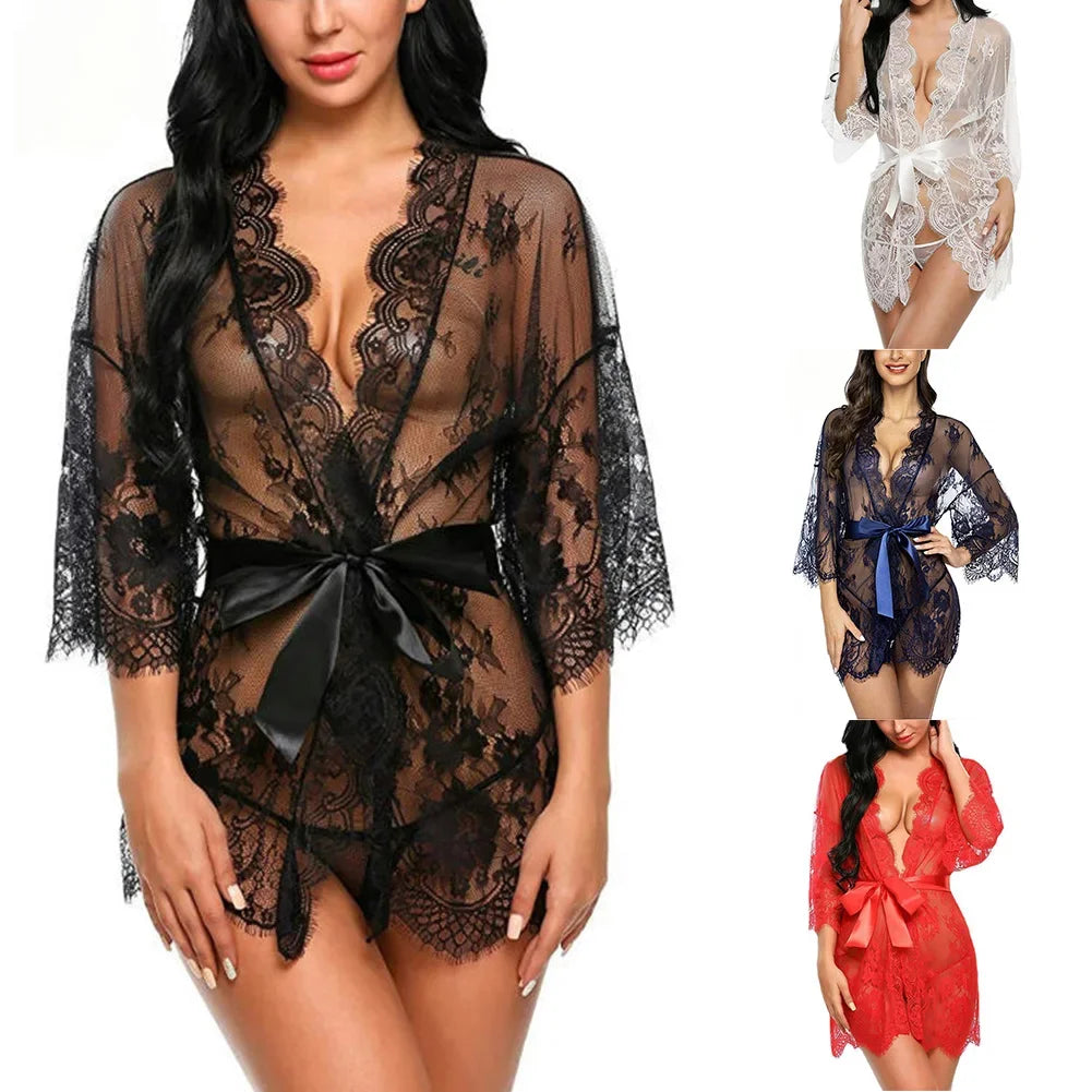 Sexy Lingerie Lace Nightgown Sleepwear Dress Robe Kimono Nightwear