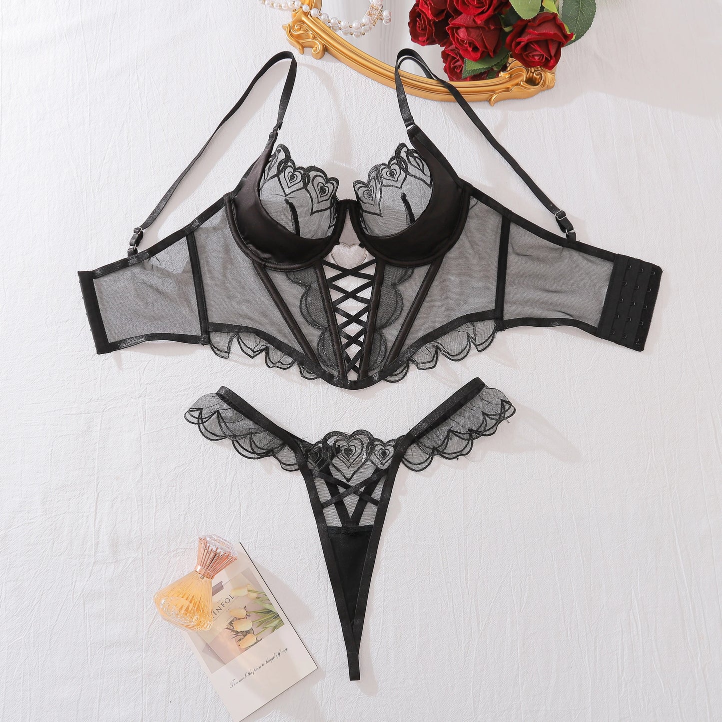 Sexy Underwear Summer New Erotic Bra and Pant Floral Embroidery See Sexy Lingerie 2-Piece set