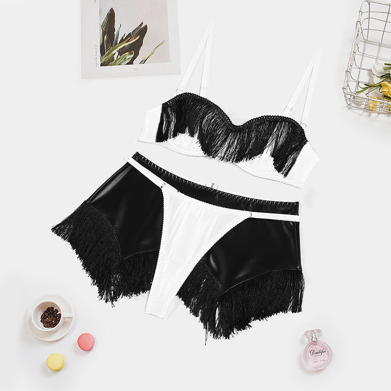 Sexy Women's Leather Cloth Splicing Tassels Short Skirt Color Erotic Underwear