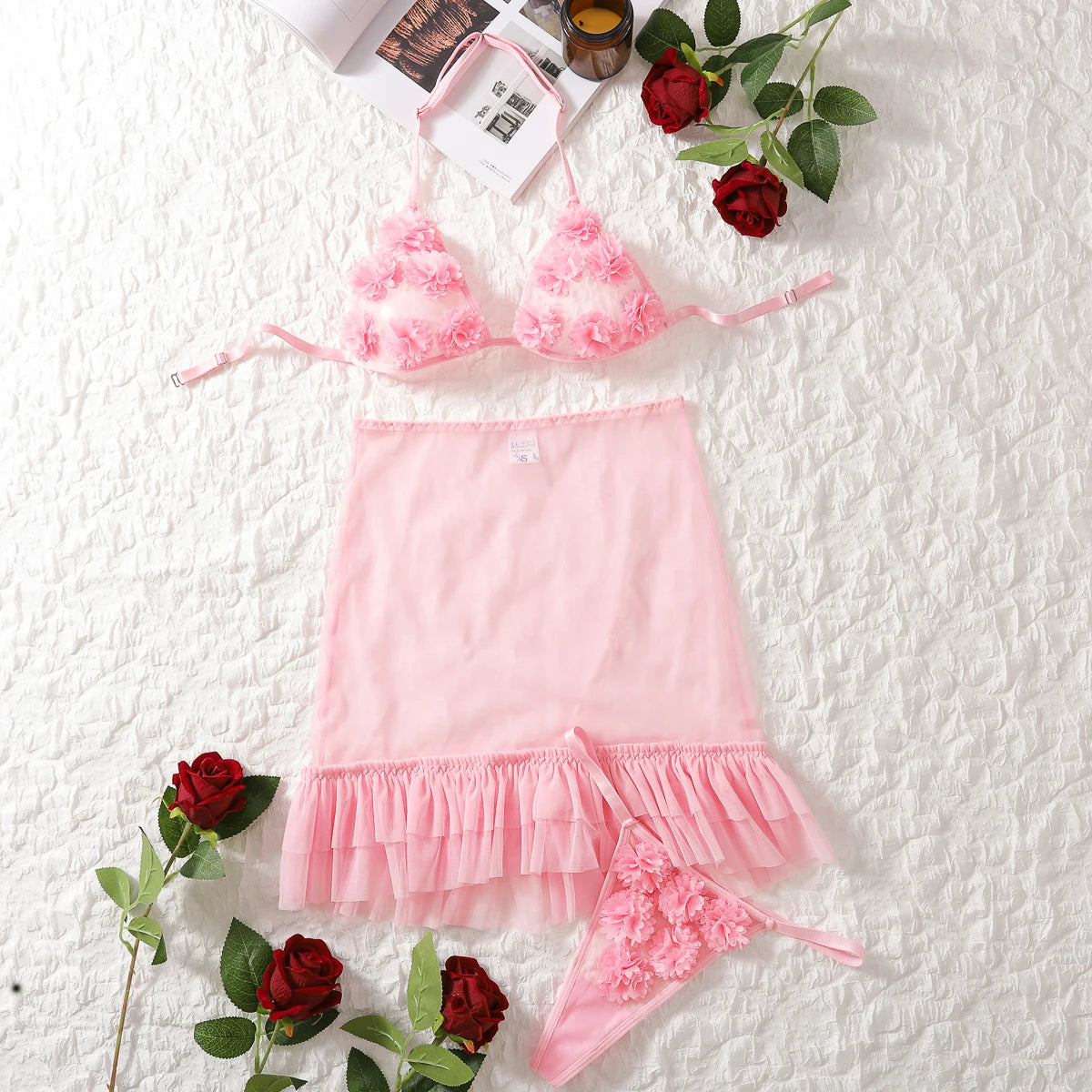 Sexy lingerie Pink Fairy Hanging Neck Underwear Spicy Girl Short Skirt Perspective Mesh Fun Three Set