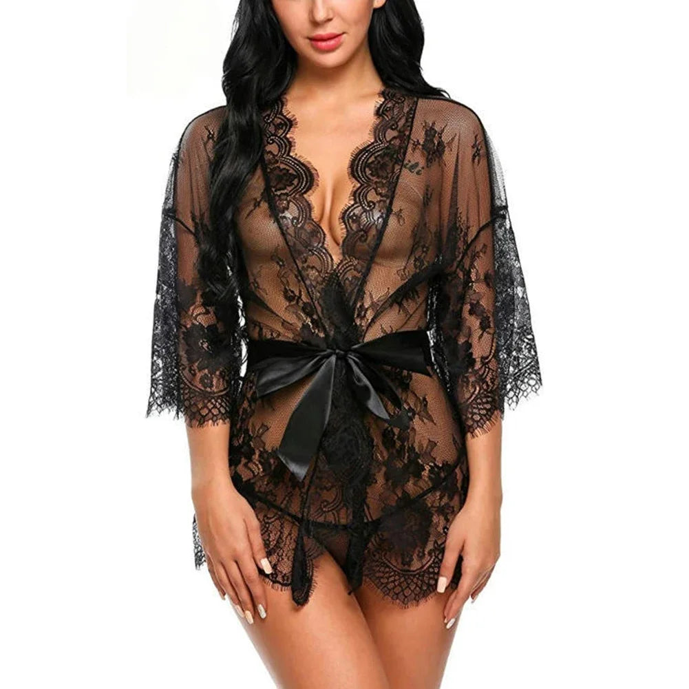 Sexy Lingerie Lace Nightgown Sleepwear Dress Robe Kimono Nightwear