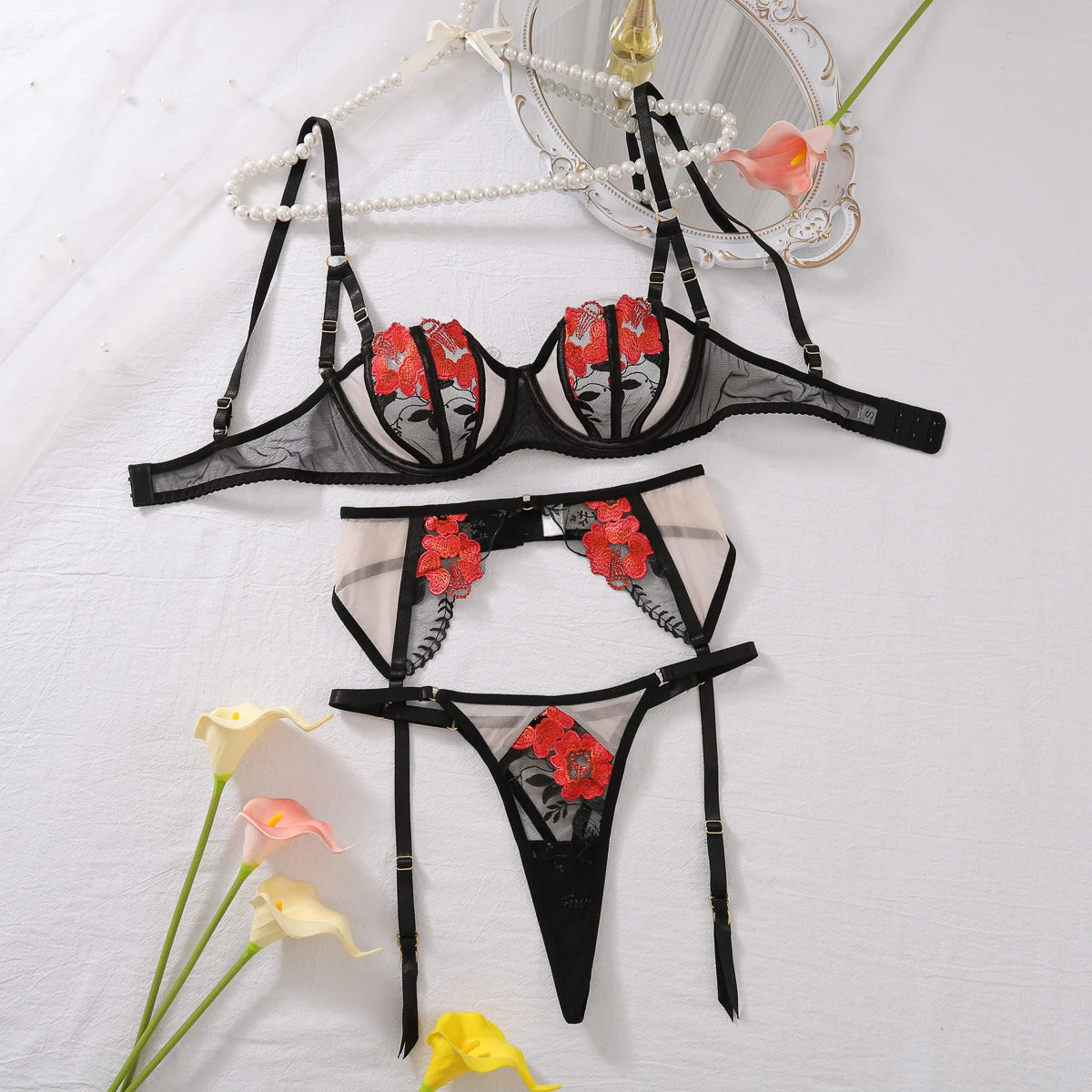 Sexy Lingerie with Sheer Thongs Mesh Bra Brief Suits Sensual Lingerie Three Pieces Sets