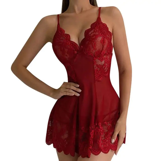 Floral Lace Sexy Night Dress Red