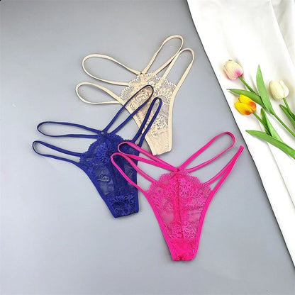 3-Piece Lace Thong Panties for Women, Low-Rise Sheer G-String Underwear, Thin Strap T-Back Lingerie, Plus Size