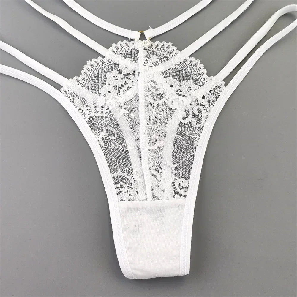 3-Piece Lace Thong Panties for Women, Low-Rise Sheer G-String Underwear, Thin Strap T-Back Lingerie, Plus Size