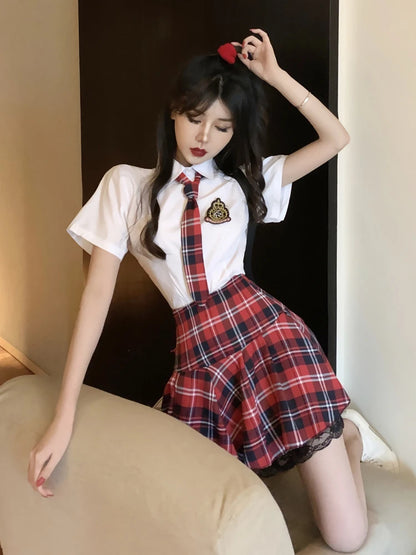 Sexy Sailor Japanese Style Sweet  Female Short Sleeve Bow Mini Skirt Lingerie Women Sheer Sexy Sets