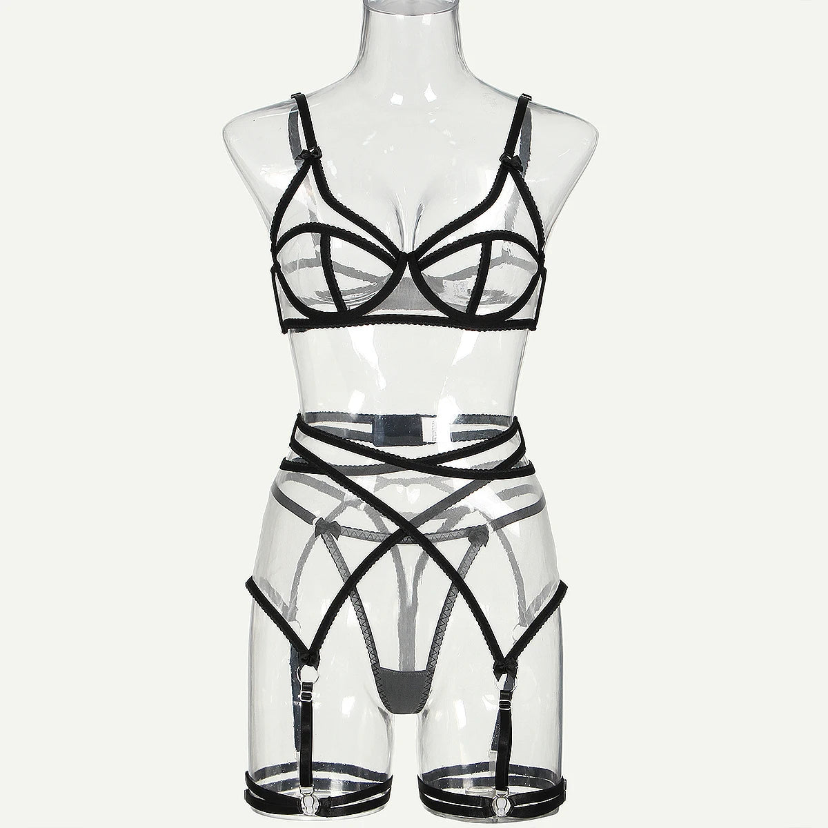 Sexy Woman's black Bra thong through Mesh Erotic Lingerie Garter Four Sets