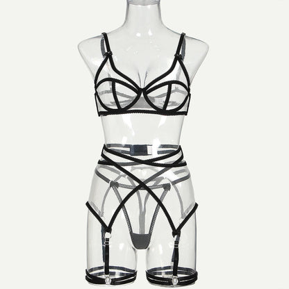 Woman's black Bra thong through Mesh Erotic Lingerie Garter Four Sets