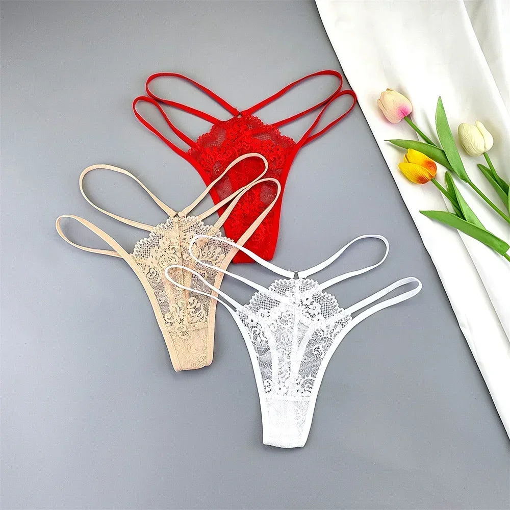 3-Piece Lace Thong Panties for Women, Low-Rise Sheer G-String Underwear, Thin Strap T-Back Lingerie, Plus Size