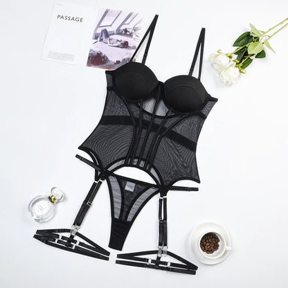 Bodysuit Backless Tops for Women 3 Piece Lingerie Set with Garter Sexy dresses