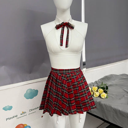 Sexy Cosplay Lingerie Sheer Halter Bra Plaid Skirt Erotic Crotch less Briefs Outfits