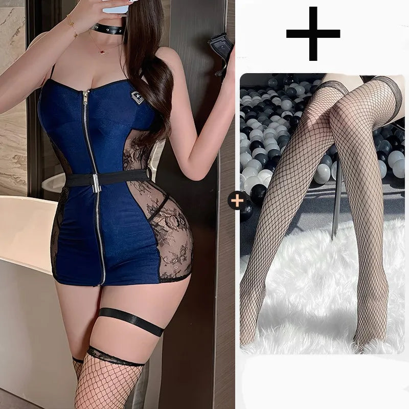 Sexy lingerie Deep V-strap police cosplay skirt with see through lace sexy