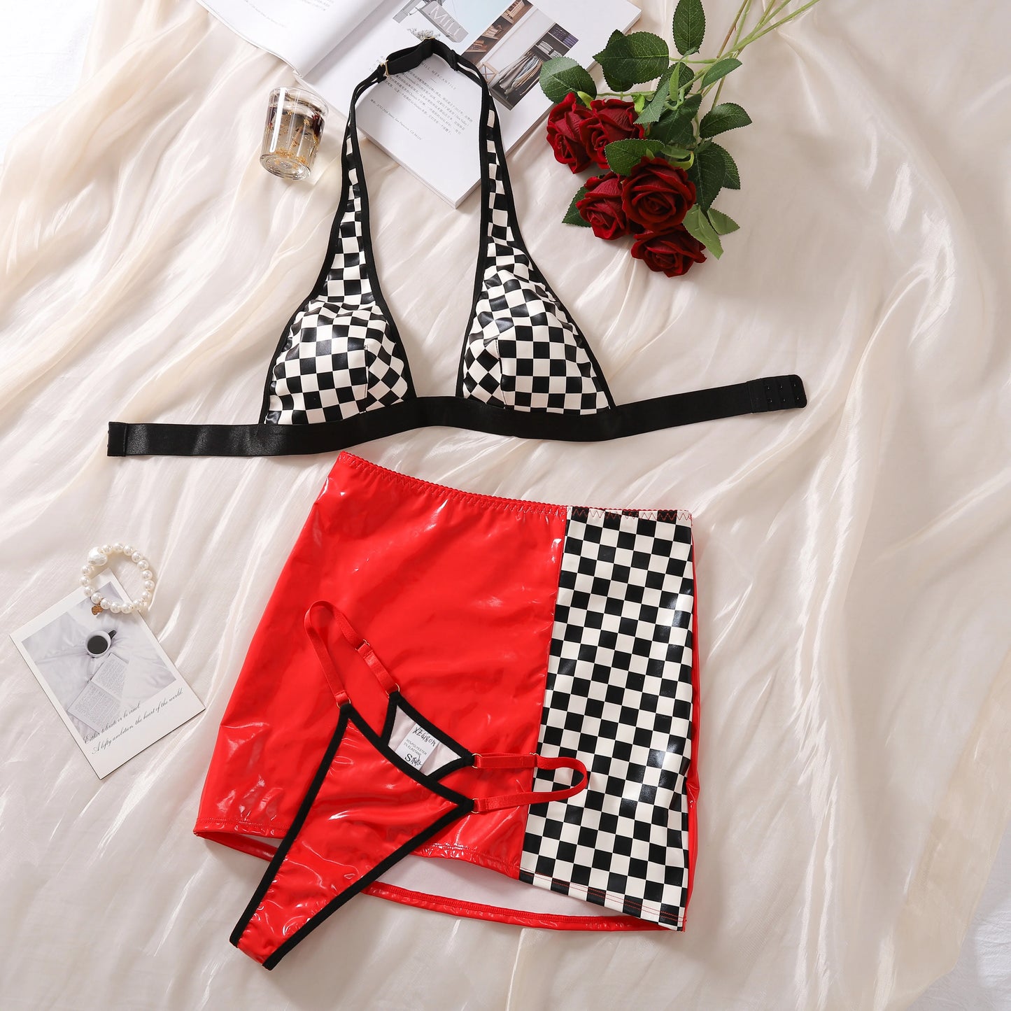 Sexy Color Blocking Erotic Ladies Lingerie Sets Uniform Temptation Plaid Bra Panty and Skirt Sexy Hottie Three-Piece Set