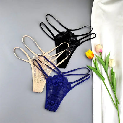 3-Piece Lace Thong Panties for Women, Low-Rise Sheer G-String Underwear, Thin Strap T-Back Lingerie, Plus Size