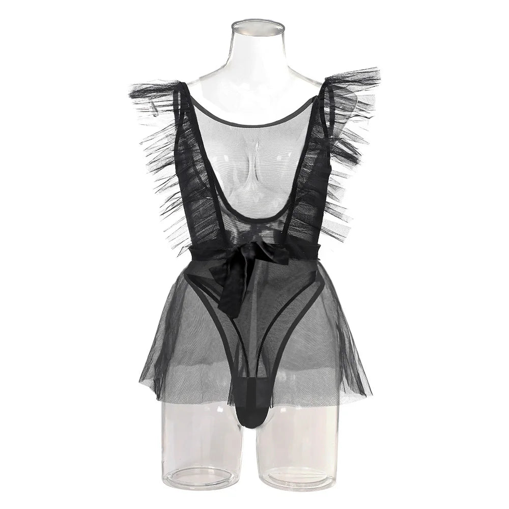 Sexy Woman's Mesh Bodysuit Lingerie Poncho Gloves Three Piece Set