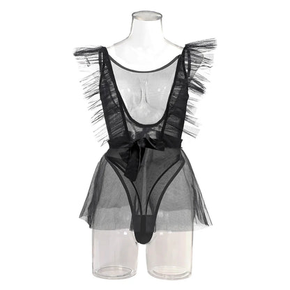 Sexy Woman's Mesh Bodysuit Lingerie Poncho Gloves Three Piece Set