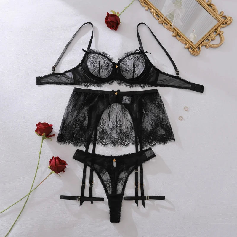 Sexy Dark Romance Lace Set Seductive 3PC Lingerie for Nights of Temptation