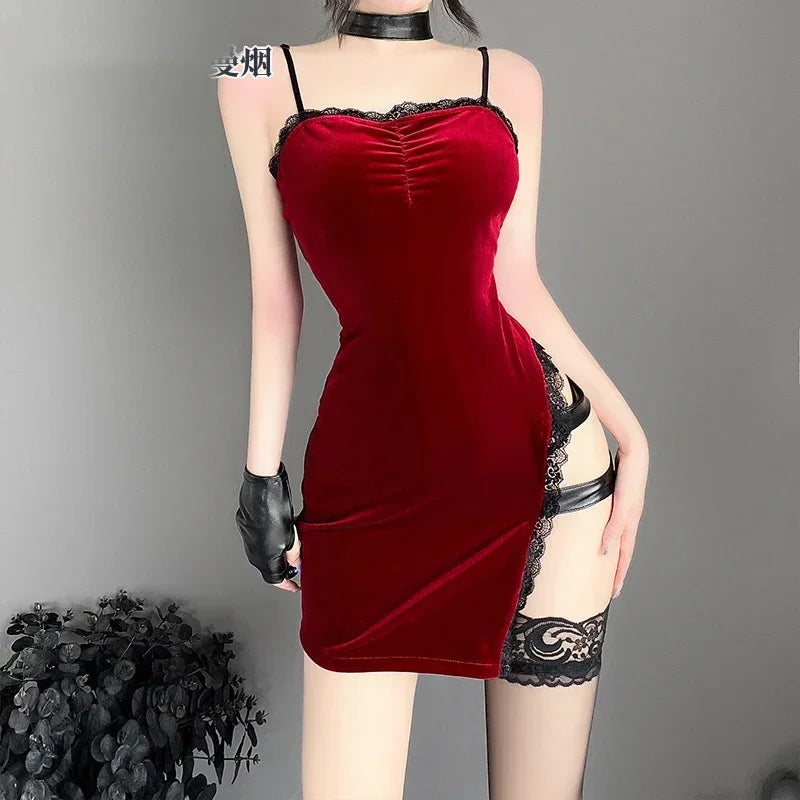 Sexy Halloween Women Cosplay Costume Ani LV Movie Heroine Secret Service Spy Dress Uniform Red Lace Outfits