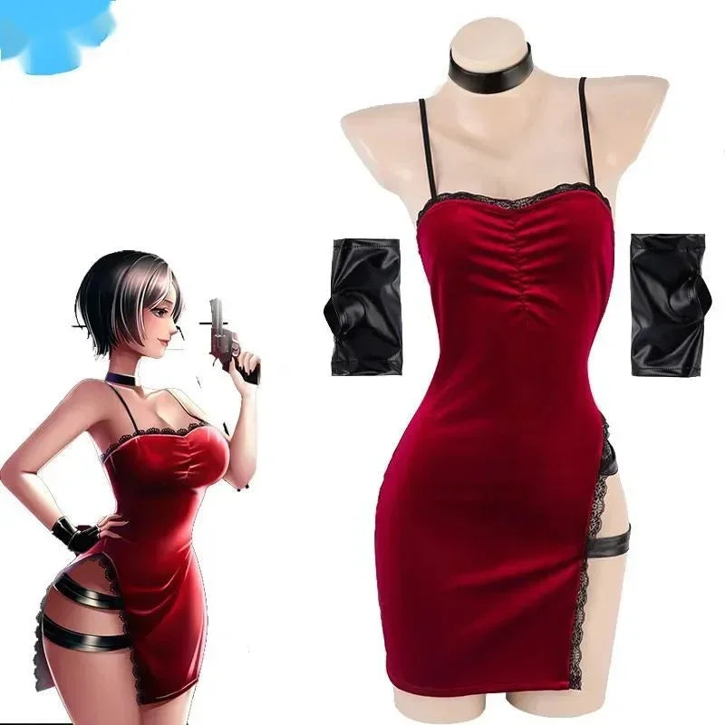 Sexy Halloween Women Cosplay Costume Ani LV Movie Heroine Secret Service Spy Dress Uniform Red Lace Outfits