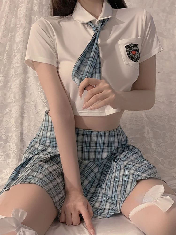 Sexy Sailor Japanese Style Sweet  Female Short Sleeve Bow Mini Skirt Lingerie Women Sheer Sexy Sets