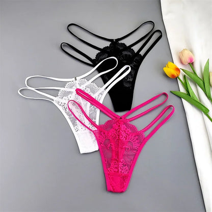 3-Piece Lace Thong Panties for Women, Low-Rise Sheer G-String Underwear, Thin Strap T-Back Lingerie, Plus Size