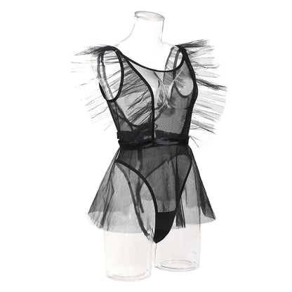 Sexy Woman's Mesh Bodysuit Lingerie Poncho Gloves Three Piece Set