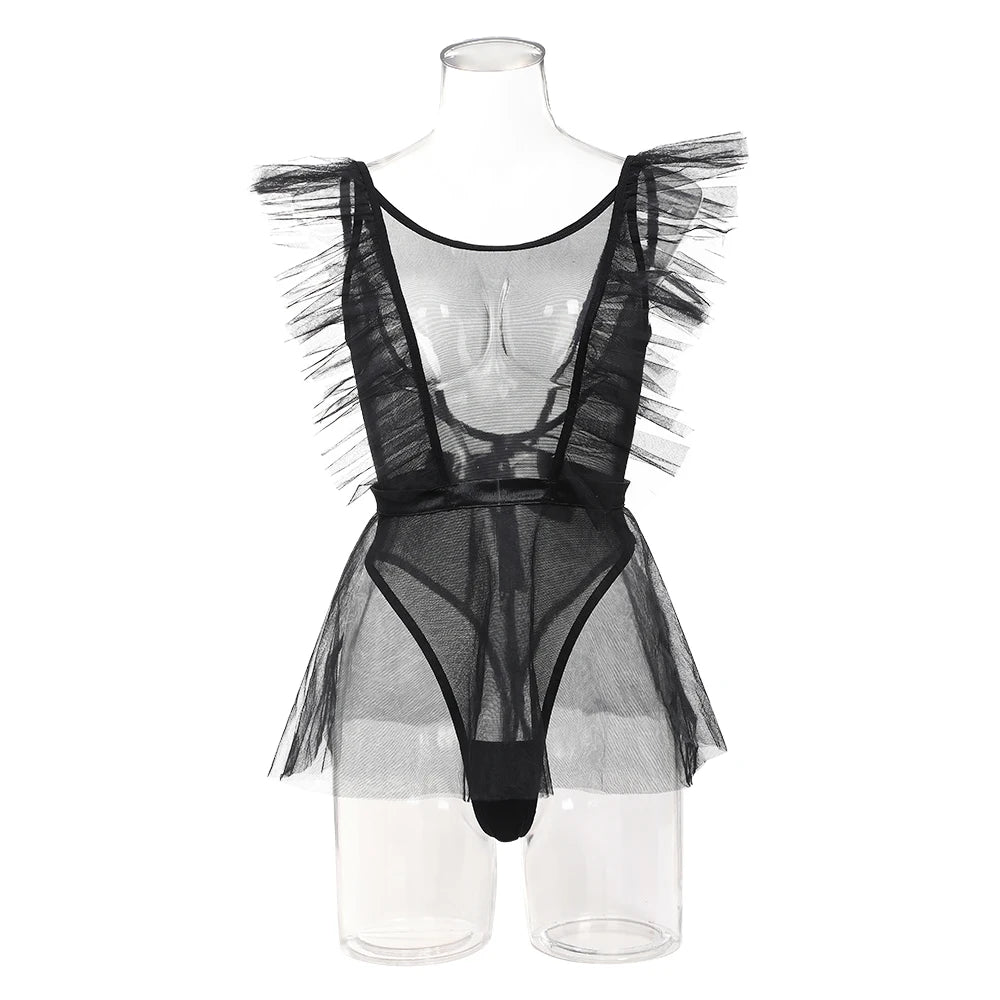 Sexy Woman's Mesh Bodysuit Lingerie Poncho Gloves Three Piece Set