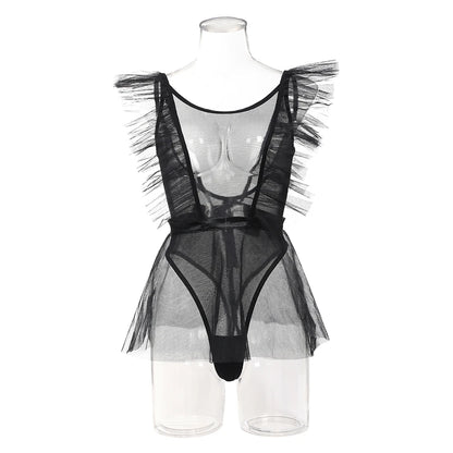 Sexy Woman's Mesh Bodysuit Lingerie Poncho Gloves Three Piece Set