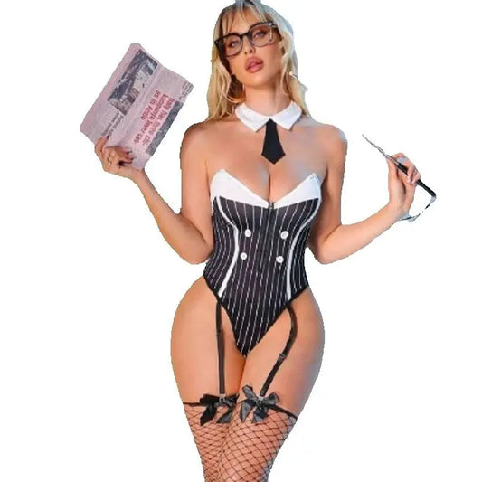 Women's Striped Teacher Costume Dress – Plus Size Roleplay Outfit for Cosplay & Parties
