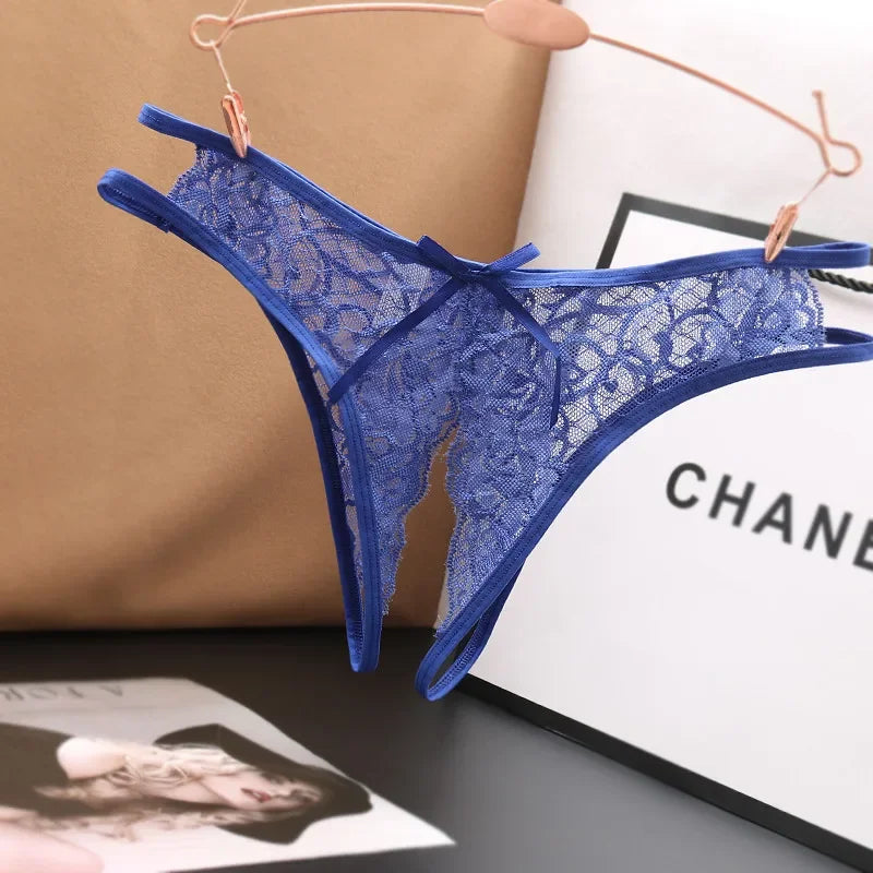 Sexy Lingerie  Panties Crotch Opening Transparent G-strings Thongs Solid Bowknot Underwear