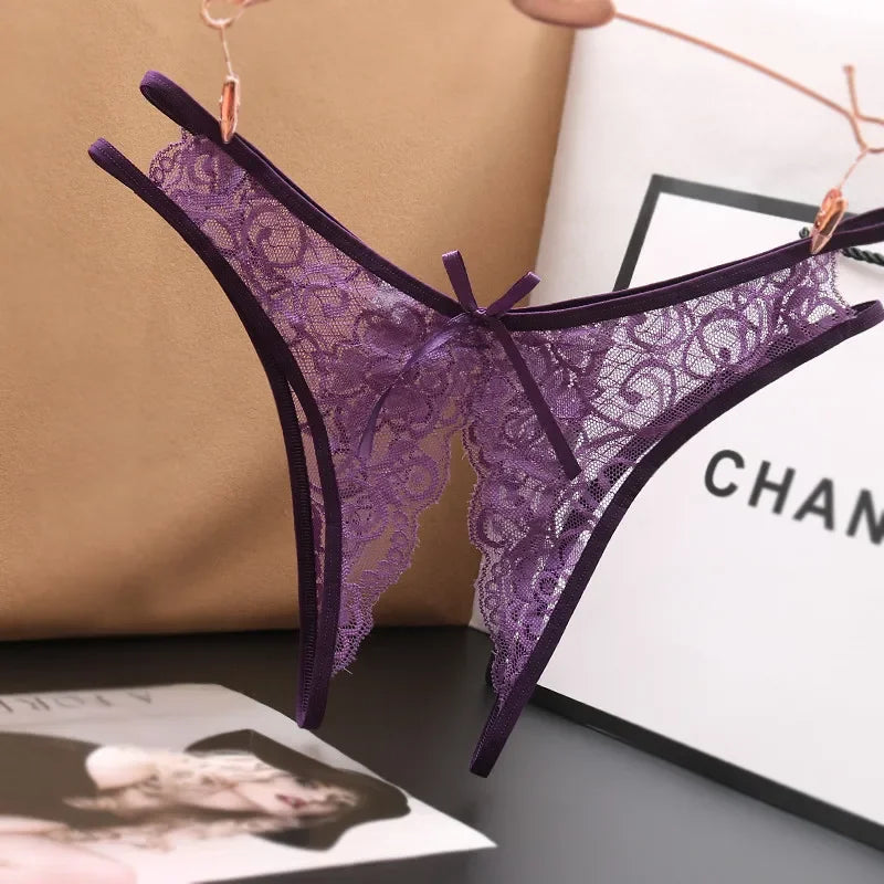 Sexy Lingerie  Panties Crotch Opening Transparent G-strings Thongs Solid Bowknot Underwear