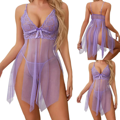 Sexy Lingerie Women Erotic Baby dolls Nightdress Bowknot Sling Dress with Panties Set Underwear