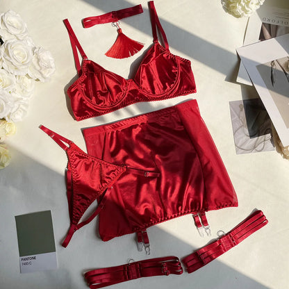 Sexy Underwear Lace Fine Satin Lingerie 5-Piece Sissy Seamless Intimate Uncensored Skirt