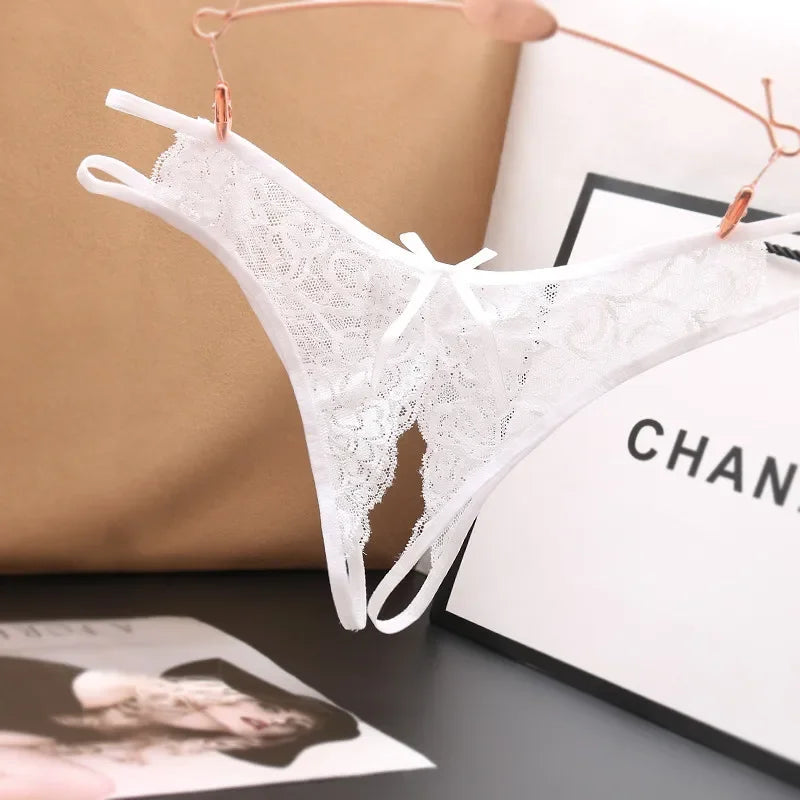 Sexy Lingerie  Panties Crotch Opening Transparent G-strings Thongs Solid Bowknot Underwear