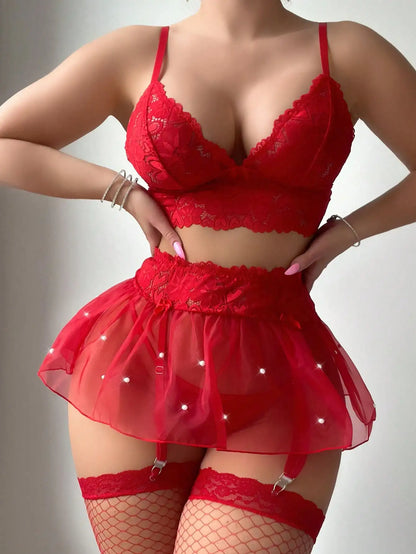 Sexy Lingerie Red Hot Ensemble Lingerie Femmes Fantasy Skirt G-String Romantic