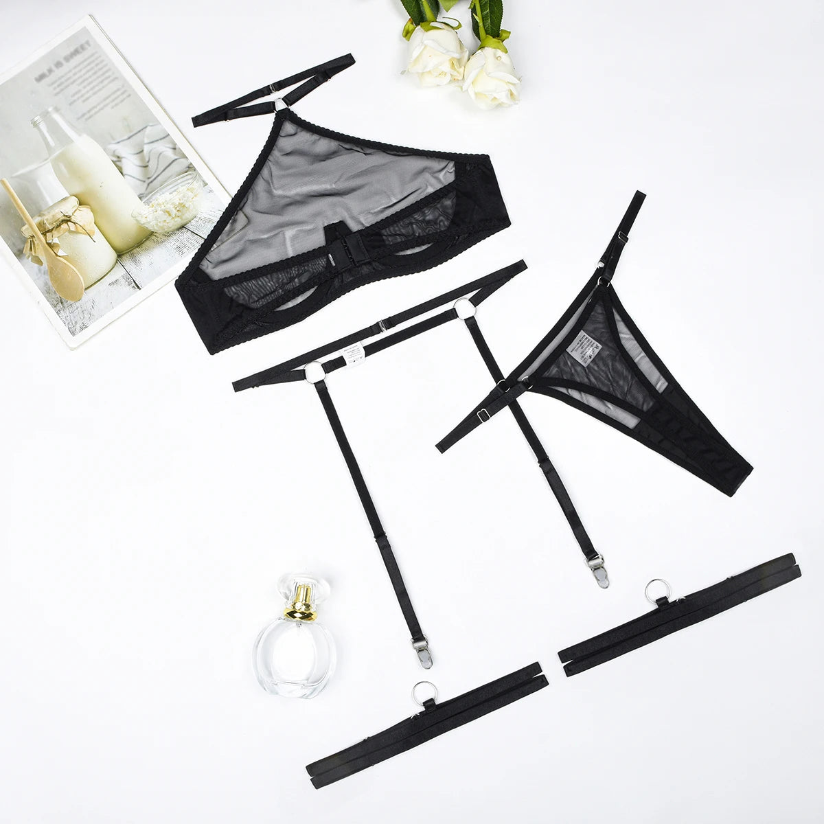 Sexy Hanging Neck Lingerie Erotica Kit Ultra-Thin See-Through Mesh Steel Ring Gathered Four-Piece Set