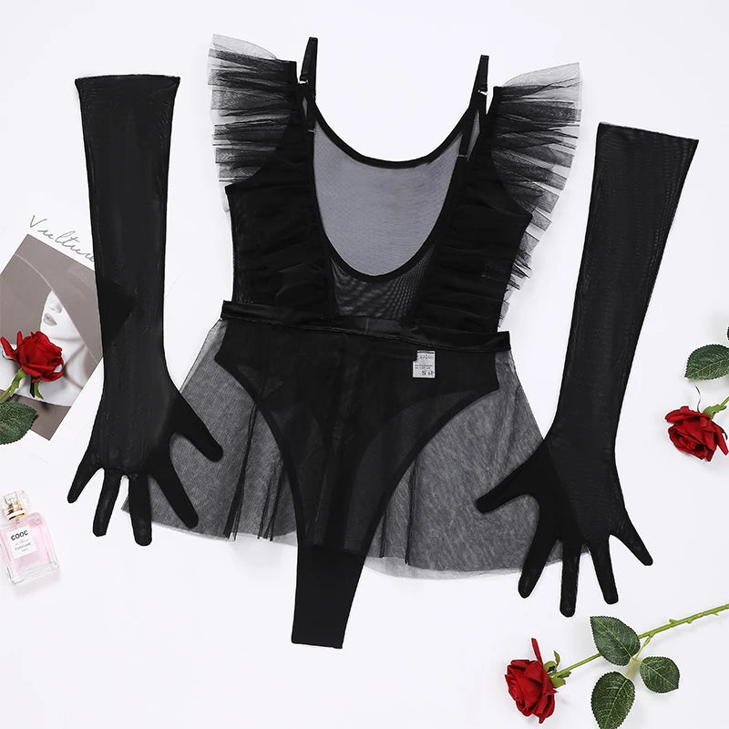 Sexy Woman's Mesh Bodysuit Lingerie Poncho Gloves Three Piece Set